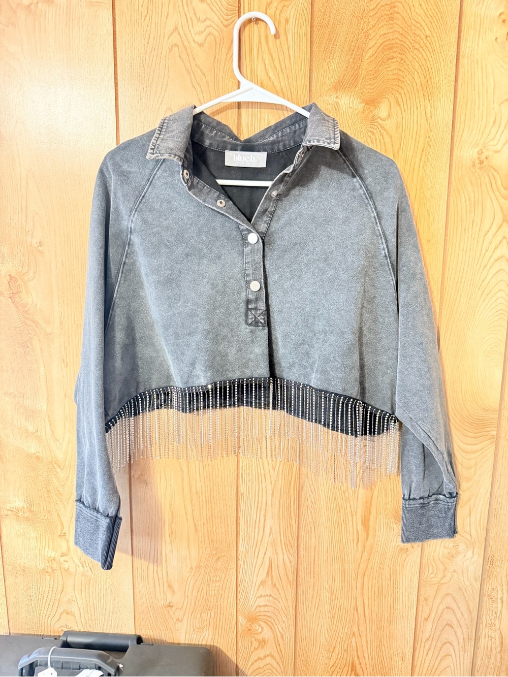 Blue Blush Washed Black Cropped Jean Jacket with Fringe Trim